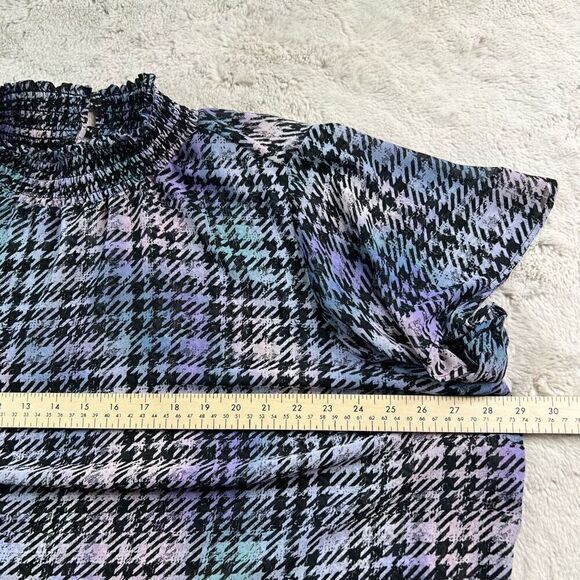 Torrid Chiffon Blouse Womens Size 3X Houndstooth High Neck Purple Sheer Smocked - Picture 6 of 9
